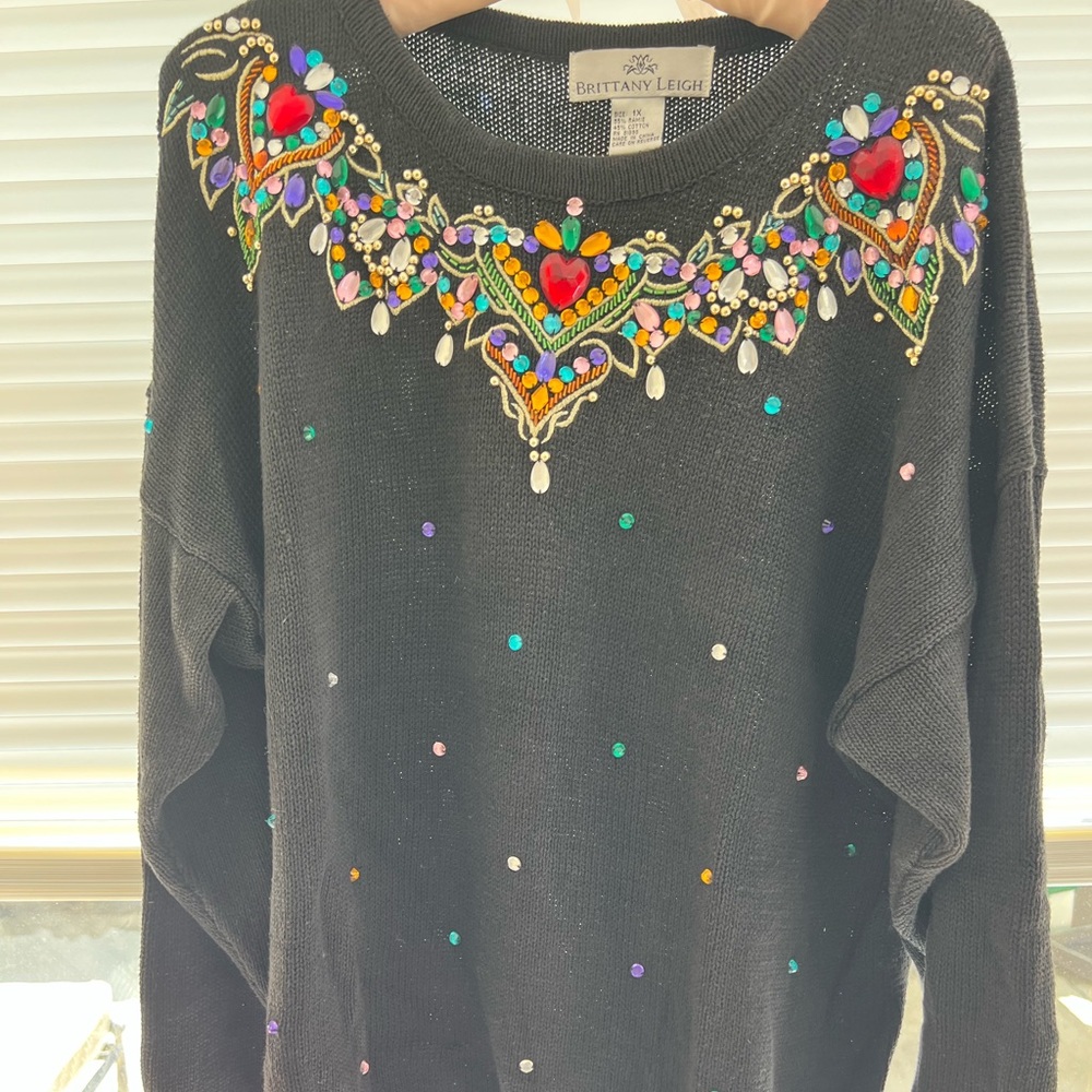 Vintage Brittany Leigh (90s) black embellished sweater with shoulder pads  S-1X